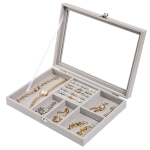 Acrylic Ring Box Glass Flannelette Acrylic Tray Showcase Display Ring Luxury Storage Boxes Organizer Velvet Jewelry Box