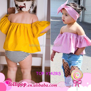 Los niños pantalones vaqueros Tops bebé Niñas Ropa Jersey Falbala hombro Tops aleteo manga camiseta niños ropa de niña - Product Image 3