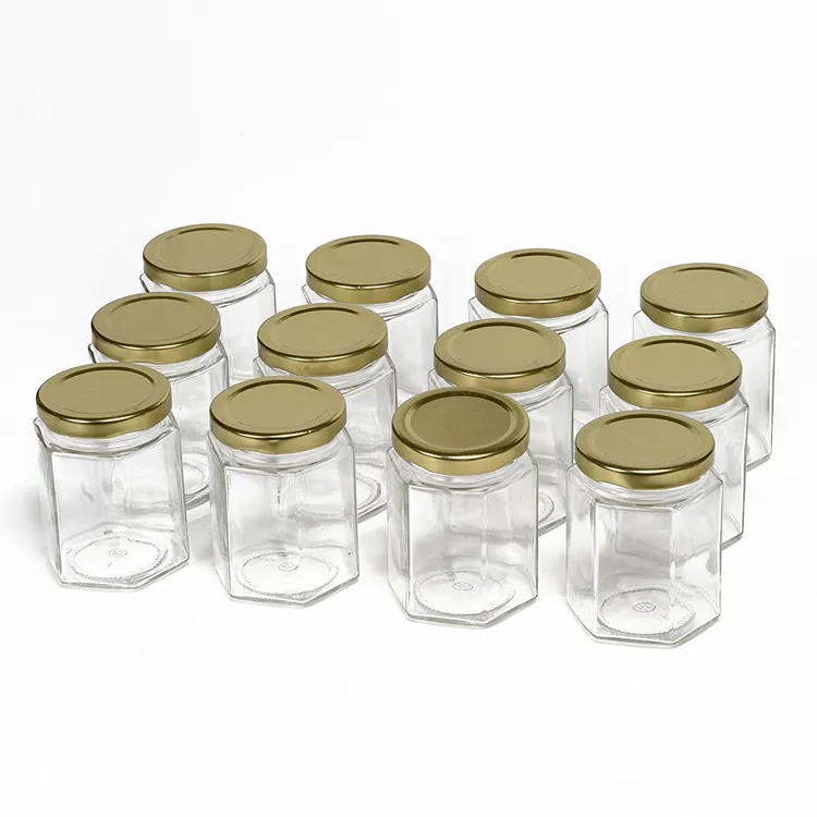 wholesale frosco vidrio hexagon polygon canister glass bottle jam chili sauce pickle nut glass jar with lug lid and stickers