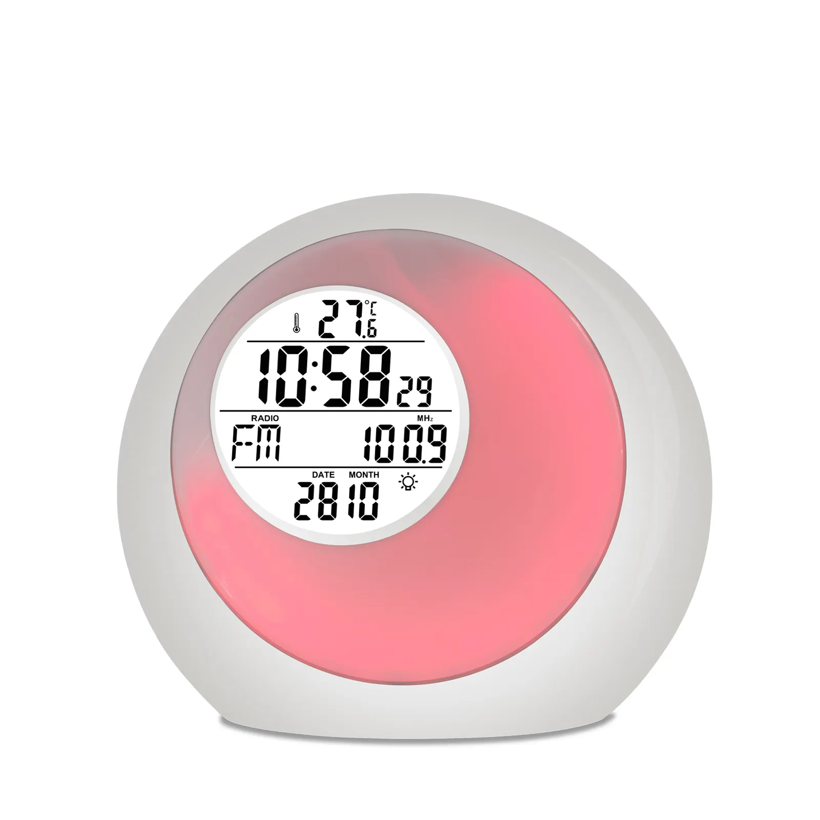 Multi- Function FM Radio Desktop Alarm Clock Wakeup Light with 7 Colors Digital Europe Modern ABS 8 Inch Adaptor White + Black