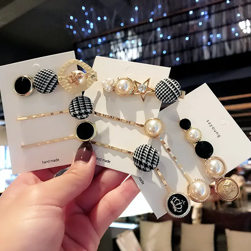 Hot selling gold korean hair clip set fashion pearl fabric beaded hair pin for girls 3pcs/set