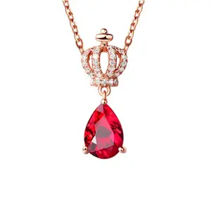 Groothandel Koningin Crown Stijl Diamant 0.86ct Red Ruby Hanger Ketting Vrouwen 14K Rose Goud Fijne Sieraden