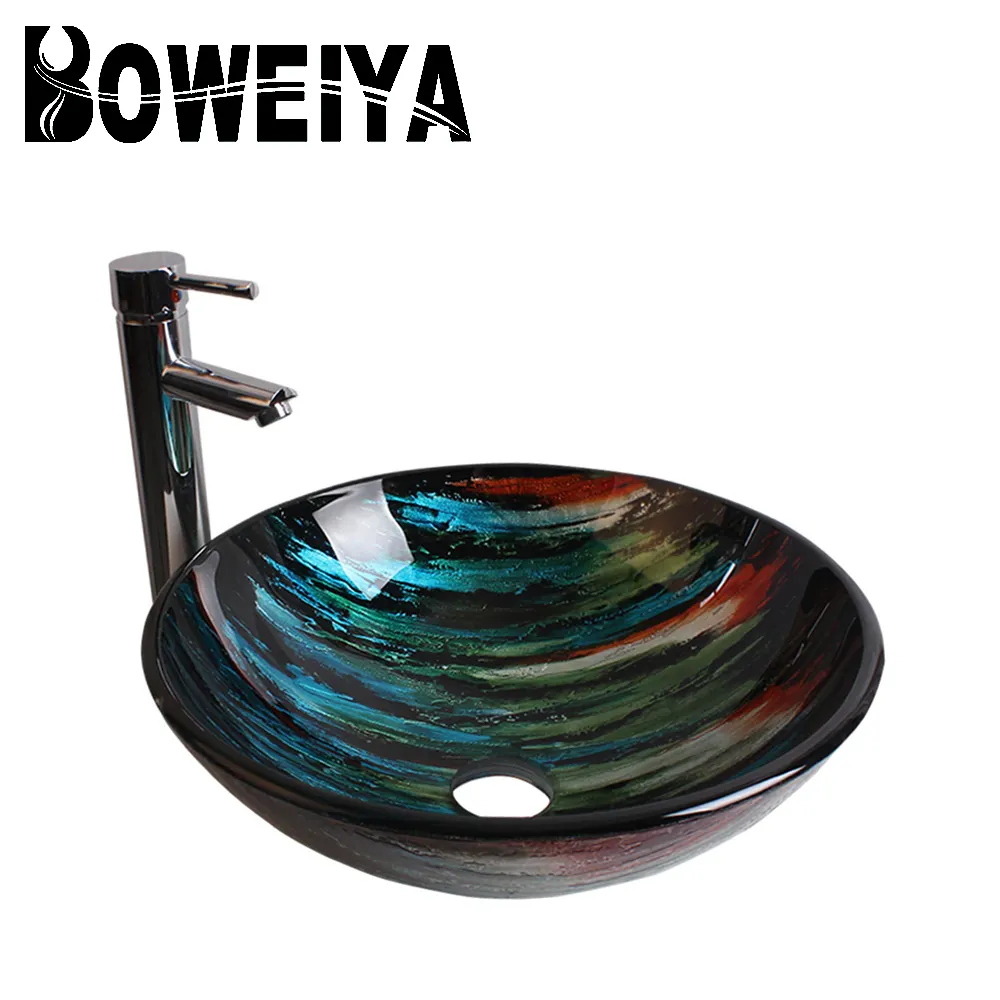 Boweiya-fregadero de agua portátil de un solo orificio, fabricantes de armarios de lavabo de vidrio, vanidad, templado, fabricante Foshan