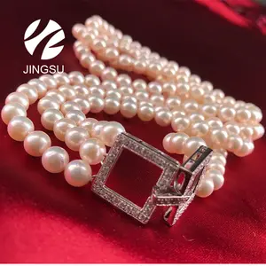 批发传统 akoya 养殖珍珠项链三层银扣设计