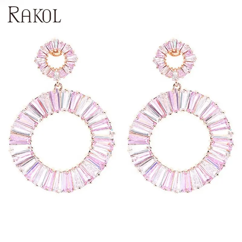 Rakol ZE1047 Perhiasan Mewah Kubik Bulat Pink Batu Drop Anting-Anting