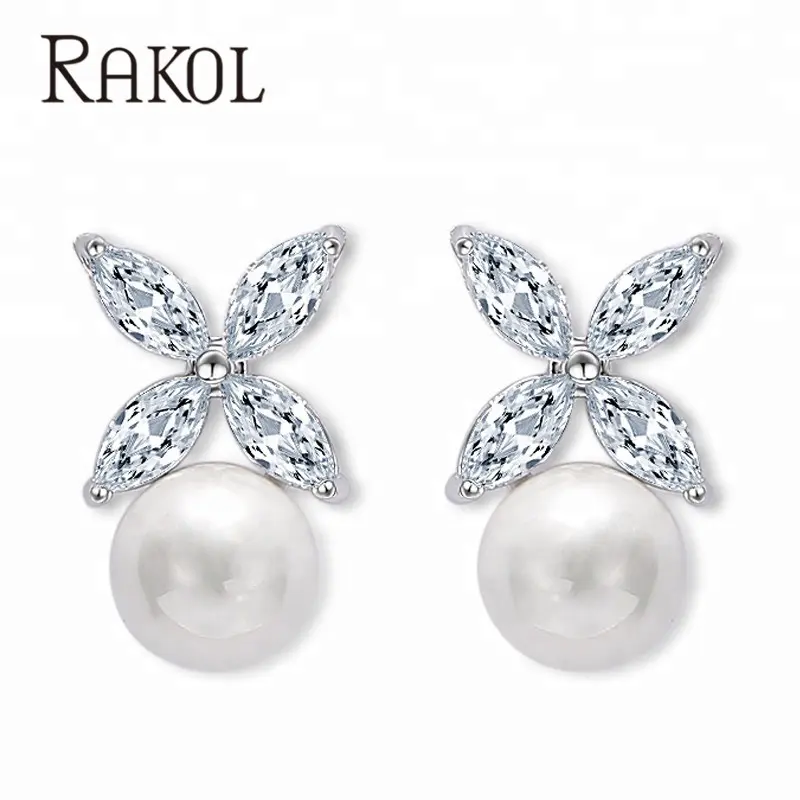 RAKOL EP525 2021 rose gold crystal clear cubic zirconia pearl earrings for bridal jewelry EP525