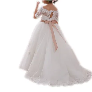 Вечернее платье для девочек на свадьбу, длинное бальное платье с рукавом до локтя для конкурса выпускного вечера, элегантное Тюлевое кружевное платье с цветами для девочек