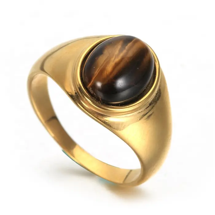 Mens stainless steel gold plated natural tiger eye stone ring jewelry