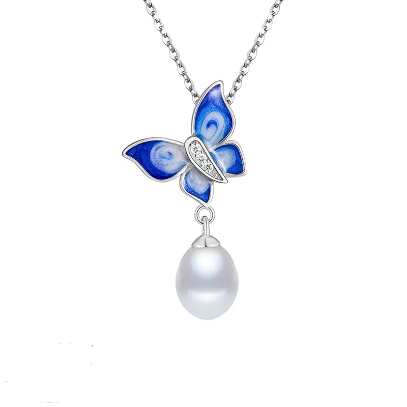 Joyería de esmalte azul perla de 6mm, collar de perlas naturales de mariposa de plata 925, colgante de zirconia cúbica, regalos para mujer y esposa