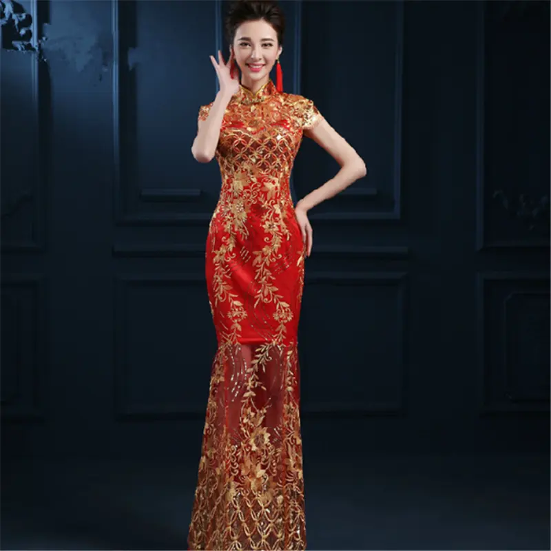 Fashion Pesta Malam Wanita Cina, Payet Bordir Merak Ekor Ikan Renda Panjang Pernikahan Qipao Cheongsam