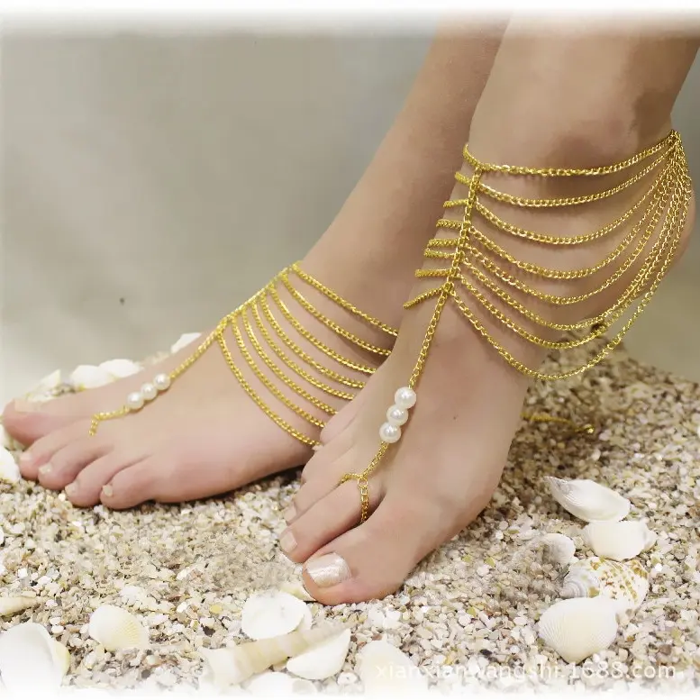Sandálias do pé descalço, strass sexy, pulseira de pé praia com pérola, cruz, contas, tornozeleira para mulheres