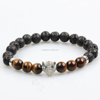 USA Style Noir Rhodium Panthère Noire Et Onyx Noir Mat Bracelet Perlé Homme