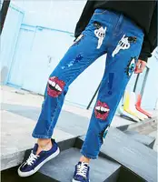 Custom 100% Katoen Denim Broek Jeans Vrouw met Sequin Ogen Mond Patches