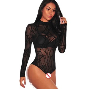 Donne calde di Modo Nero Tute Top Sheer Mesh Geometrico/Stampa Manica Lunga Body <span class=keywords><strong>Perizoma</strong></span> Indumenti Da Notte Sexy E32166/E32110 - Product Image 3
