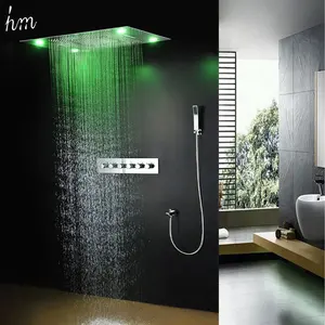 Modern LED Recessed Ceiling Waterfall Rain Overhead Shower Thermostatic High Flow Shower Kit Diverter Mixer 5 Functions