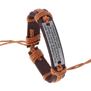 2019 New Punk Wax Cord Genuine Leather Woven Brown Leather Engraved Bracelet