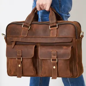 Manufacturer Sales Genuine Leather Laptop Handbag Crossbody Leisure Vintage Bags Mens Leather Briefcase For 15.6'' Laptop