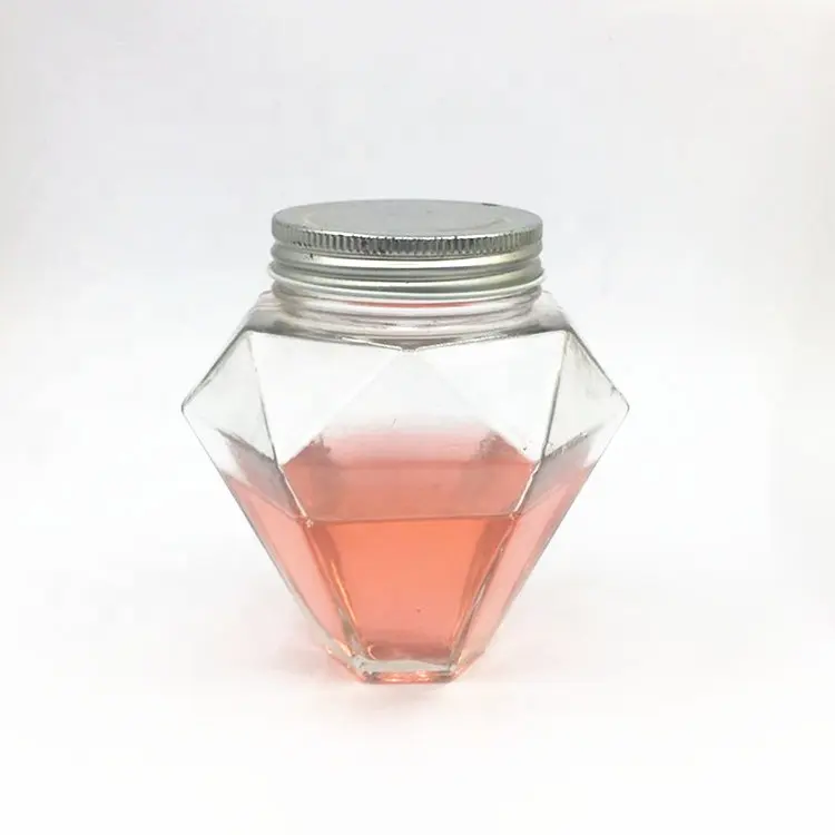Storage glas diamant form einzigartige design 450ml 15 unzen lebensmittel container honig marmelade glas mit metall schraube deckel