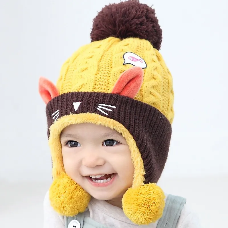 귀여운 만화 아기 겨울 모자 따뜻한 유아 비니 모자 어린이 소년 소녀 동물 고양이 귀 키즈 크로 셰 뜨개질 니트 모자
