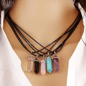 Vienkim-colliers colonne hexagonale en cuir, colliers en cristal naturel, pendentif en pierre rose, chaînes, collier pour femmes, bijoux de mode
