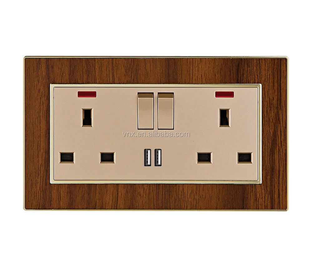 British Standard Double Wall Switches And Sockets Electrical Outlet Plug 2 Gang 2 USB Wall Socket With Usb And Neon