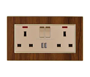 British Standard Double Wall Switches And Sockets Electrical Outlet Plug 2 Gang 2 USB Wall Socket With Usb And Neon