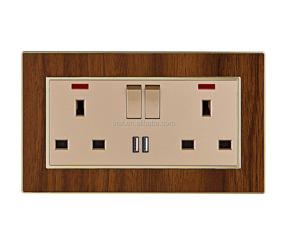 British Standard Double Wall Switches and Sockets Electrical Outlet Plug 2 Gang 2 USB Wall Socketes With Usb and Neon