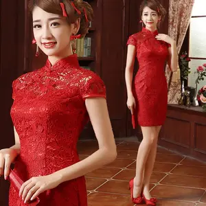 Hot Sale Cina Modern Merah Bridal Renda Pendek Pelangsing Cheongsam Gaun