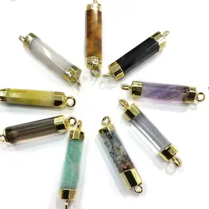 JF8689 Gold plated thin crystal quartz gemstone tube bar column double bail charm connectors for bracelet jewelry making