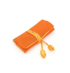 Unique Orange Travel Jewelry Case Chinese Folk Style Roll with Silk Embroidery Brocade Tie Close cosmetic makeup bag