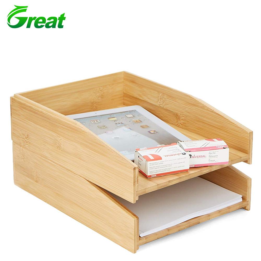 2 уровня бамбука лоток для документов Организатор бамбука Штабелируемый лоток для бумаги Эко-дружественных бамбука документ письмо лоток