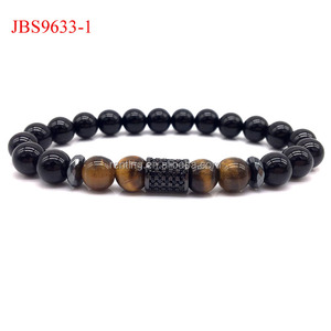 Pulsera clásica para hombre, Ágata negra Natural, Ojo de Tigre, hematita, CZ, abalorios, elegante diseño elástico, Gift-JBS10206 Ortodoxa - Product Image 2
