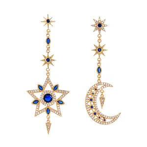 me00118 Navy Blue Gem Zircon Star Moon Filigree Gold Drop Earrings