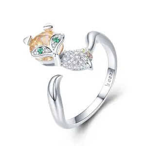 BAGREER SCR477Jewelry Supplies Cz Zircon Cheap Yellow Fox Ring 925 Silver Open Custom Adjustable Animal Ring Jewelry