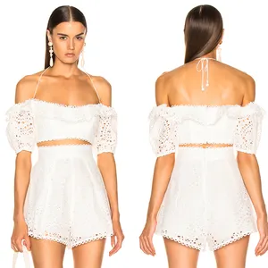 Lancai conjunto blusa e shorts de verão, moda feminina chiffon duas peças branco elegante com renda, ombro, verão 2021