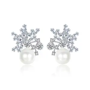LUOTEEMI Elegant White Gold Electroplated CZ Flower Women Mother Christmas Gift Simulated Pearl Stud Earrings