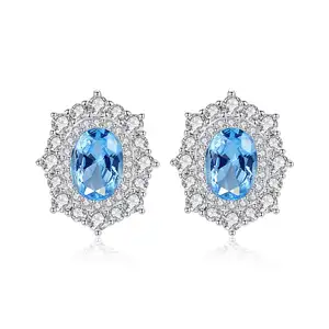 CZCITY Sterling Silver Gemstone Stud Earrings Trendy Jewelry Rhodium Plated Blue Topaz Statement Earrings for Women