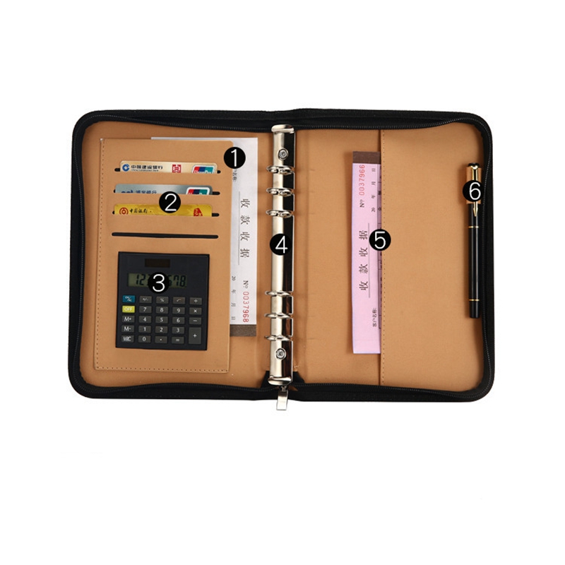 Classeur de bagues en cuir pour le bureau, fermeture éclair, A6, organisateur de cercle, ordinateur portable, avec calculatrice