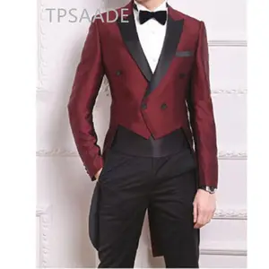 Burgundy Black Swallow Tailed Coat Fashion Men Suits Custom Homme Terno Slim Fit Formal Blazer Men Brand Suit