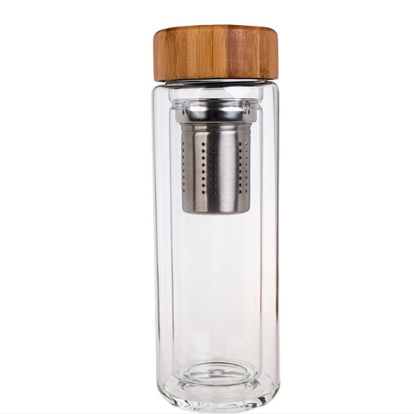Borosilicate Glass Water Bottle Wide Mouth with Bamboo Lid Double Wall Water Glass Cup