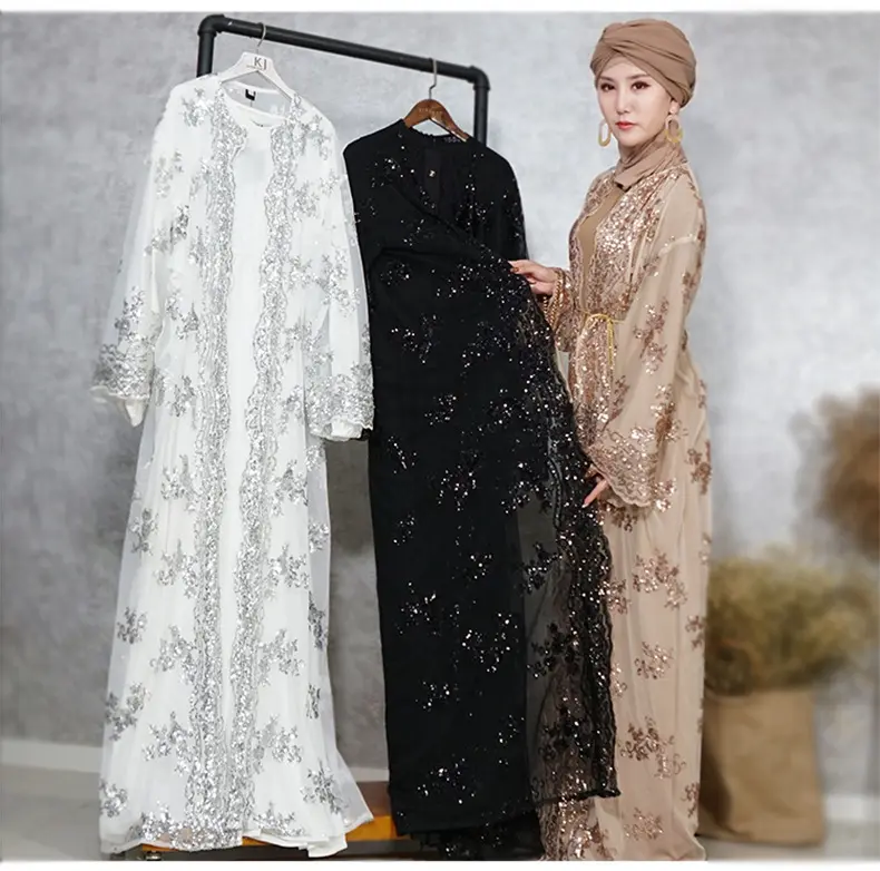 Của Phụ Nữ Dài Váy Kaftan Ren Sang Trọng Liền Mạch Thêu Sequin Abaya Váy Muslim Hồi Giáo