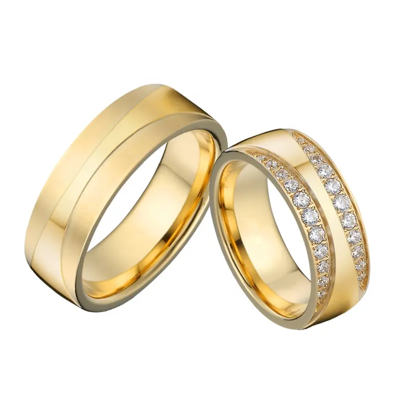 Luxo cubic zirconia diamante alianças de casamento casal conjunto anel amor 18k banhado a ouro jóias em aço inoxidável mulheres anéis