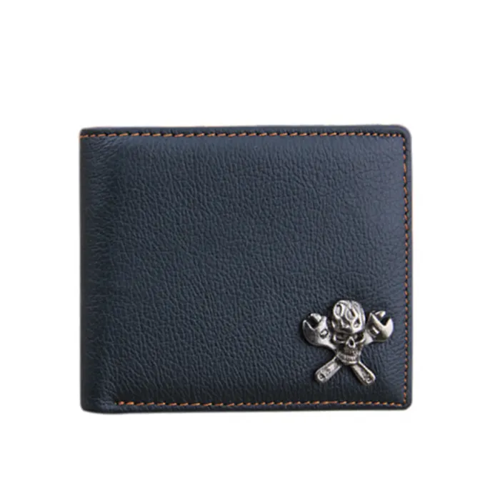 In Bulk Vintage Style Metal Skull Wallet High Quality Genuine Leather Large Capacity Custom Design Leather Card Holder Wallet