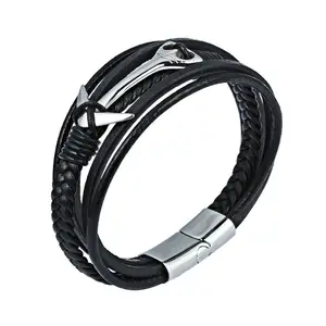 Mode Handgemaakt Zilver Staal Magnetische Gesp Gevlochten Polsband Manchet Wrap Echt Lederen Anker Armbanden Voor Dames Heren