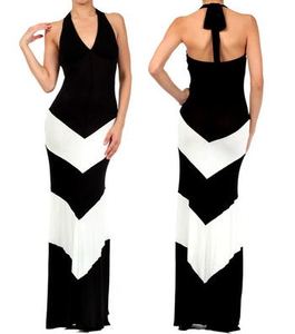 chevron v gestreepte bodycon charmante sexy boho colorblock zwarte halter top volledige lengte maxi jurk maat SML