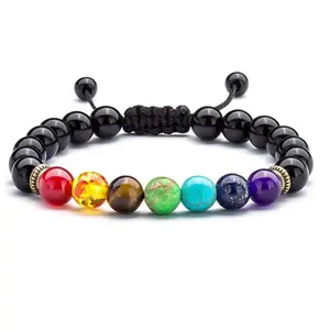 Bracelet tressé en pierre Chakra, bijou à la mode, perles de Yoga, Onyx rond, réglable, 15mm