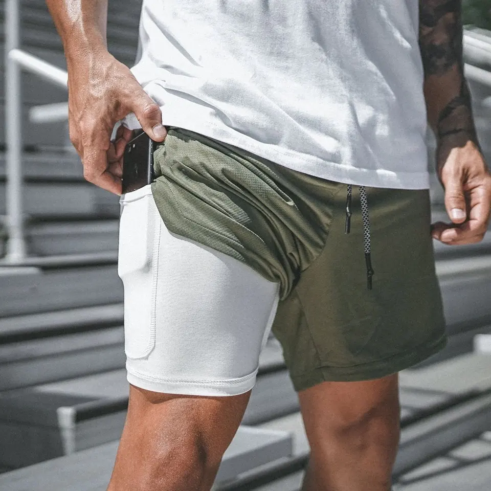 Nieuwe Item Mannen Dubbele Laag Snel Droog Effen Camouflage Trekkoord Gym Shorts Pocket Workout Trunks Mannen Sportkleding Shorts