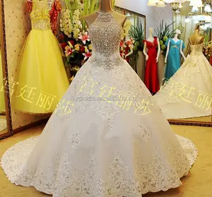 Abito da ballo lungo treno in rilievo di cristallo gonfio lunghezza del pavimento personalizzato fare lungo abito da sposa formale disegni BW354 abito da sposa di lusso