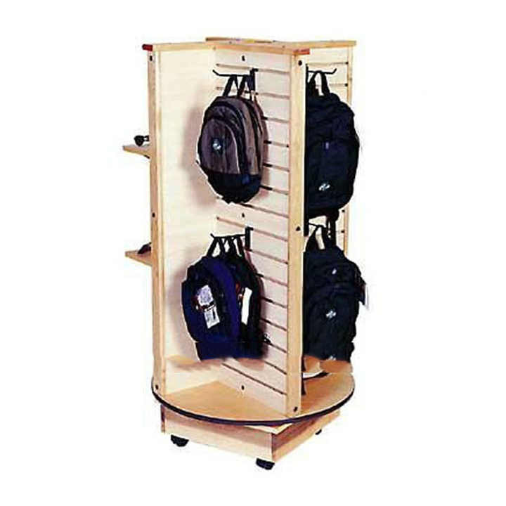 retail store rotating wood slatwall hanging bag display stand rack backpack display stand Alibaba