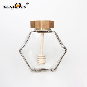 370ml 500grams Hexagon Glass Honey Jar With Wooden Dipper Lid For Pure Honey